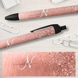 Rose Gold Brushed Metal Glitter Monogram Name  Pen