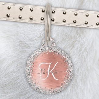 Rose Gold Brushed Metal Glitter Monogram Name Pet ID Tag