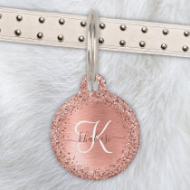 Rose Gold Brushed Metal Glitter Monogram Name Pet ID Tag