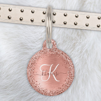 Rose Gold Brushed Metal Glitter Monogram Name Pet ID Tag