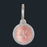 Rose Gold Brushed Metal Glitter Monogram Name Pet ID Tag<br><div class="desc">Easily personalize this trendy chic pet ID tag design featuring pretty silver sparkling glitter on a rose gold brushed metallic background.</div>