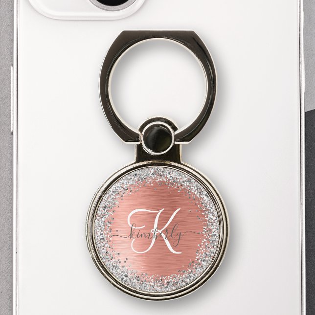 Rose Gold Brushed Metal Glitter Monogram Name Phone Ring Stand (Creator Uploaded)