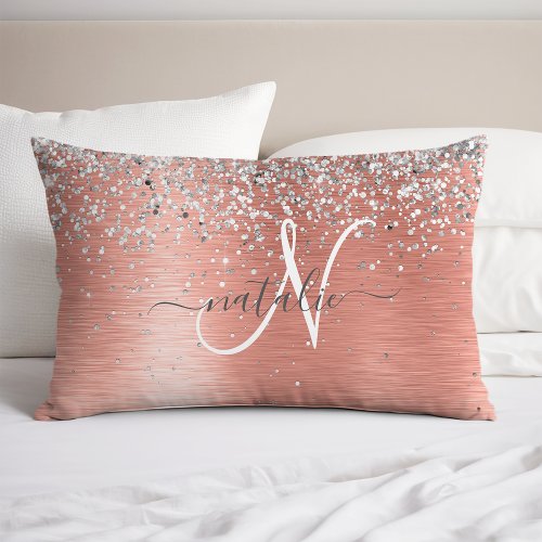 Rose Gold Brushed Metal Glitter Monogram Name Pillow Case