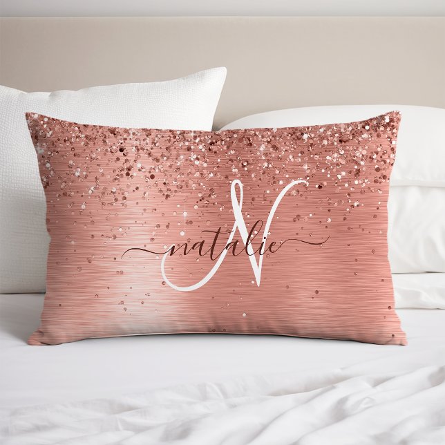 Rose Gold Brushed Metal Glitter Monogram Name Pillow Case (Creator Uploaded)