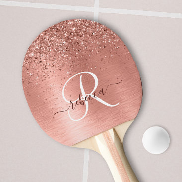 Rose Gold Brushed Metal Glitter Monogram Name Ping Pong Paddle