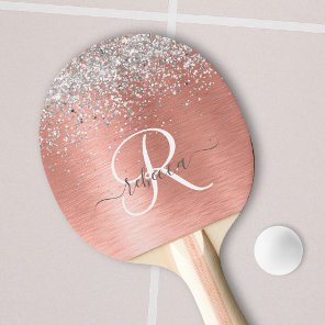 Rose Gold Brushed Metal Glitter Monogram Name Ping Pong Paddle