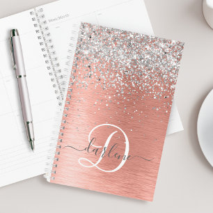 Rose Gold Brushed Metal Glitter Monogram Name Planner