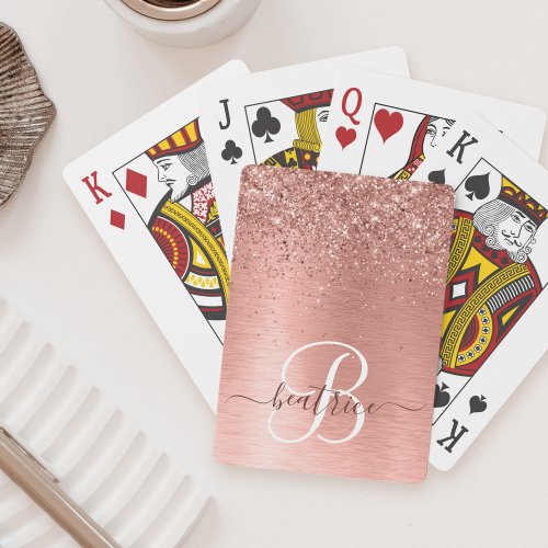 Rose Gold Brushed Metal Glitter Monogram Name Playing Cards