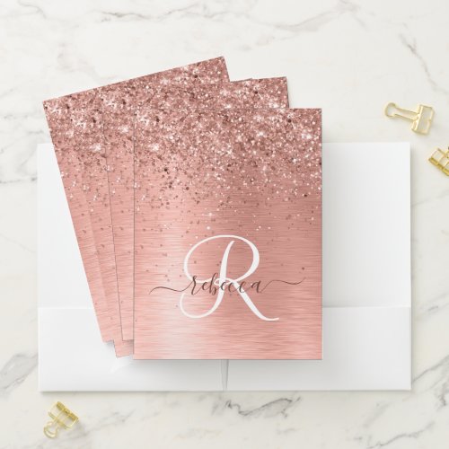 Rose Gold Brushed Metal Glitter Monogram Name Pocket Folder