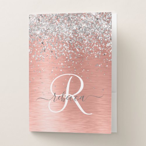 Rose Gold Brushed Metal Glitter Monogram Name Pocket Folder