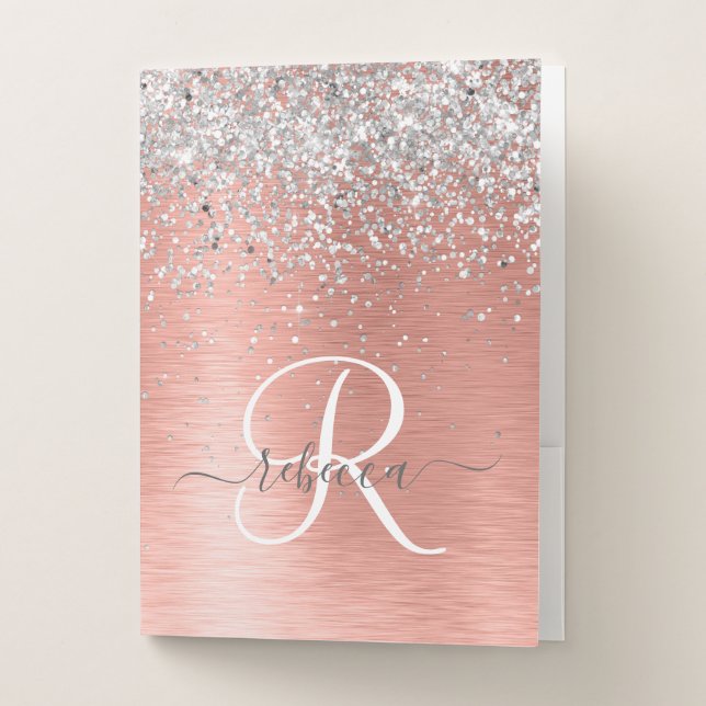 Rose Gold Brushed Metal Glitter Monogram Name Pocket Folder (Front)