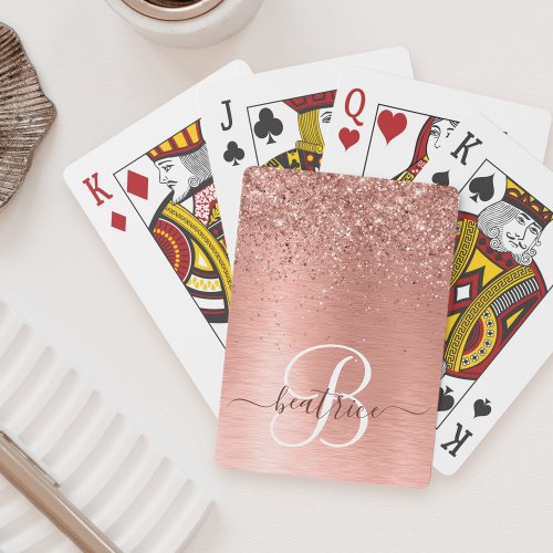 Rose Gold Brushed Metal Glitter Monogram Name Poker Cards