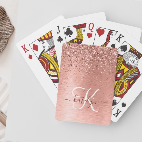 Rose Gold Brushed Metal Glitter Monogram Name Poker Cards