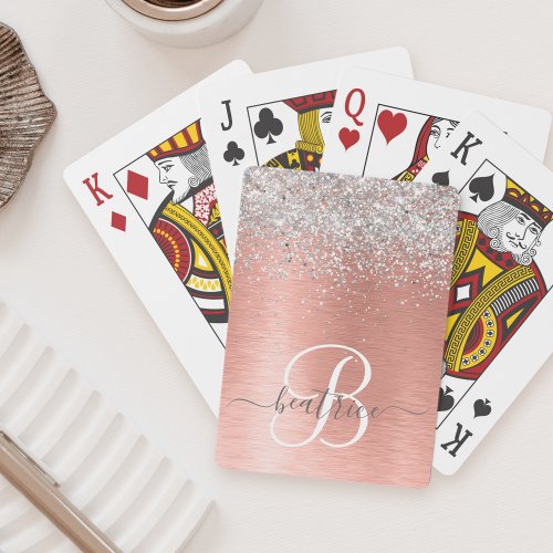 Rose Gold Brushed Metal Glitter Monogram Name Poker Cards