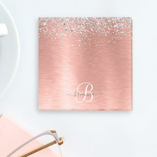 Rose Gold Brushed Metal Glitter Monogram Name Post-it Notes