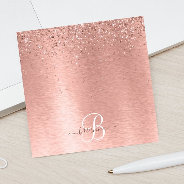 Rose Gold Brushed Metal Glitter Monogram Name Post-it Notes (Creator Uploaded)