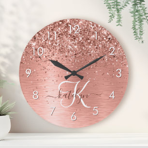 Rose Gold Brushed Metal Glitter Monogram Name Round Clock