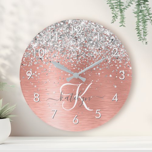 Rose Gold Brushed Metal Glitter Monogram Name Round Clock