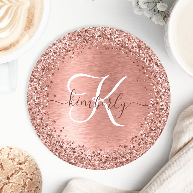 Rose Gold Brushed Metal Glitter Monogram Name Round Paper Coaster (Creator Uploaded)