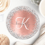 Rose Gold Brushed Metal Glitter Monogram Name Round Paper Coaster<br><div class="desc">Easily personalize this trendy chic coaster design featuring pretty silver sparkling glitter on a rose gold brushed metallic background.</div>