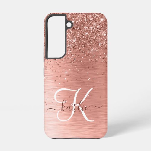 Rose Gold Brushed Metal Glitter Monogram Name Samsung Galaxy S22 Case