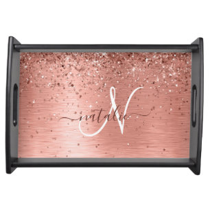 Rose Gold Brushed Metal Glitter Monogram Name Serving Tray