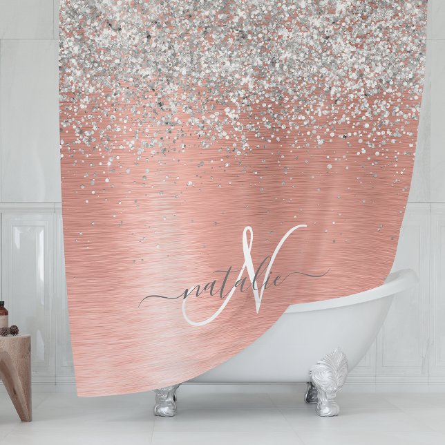 Rose Gold Brushed Metal Glitter Monogram Name Shower Curtain (Creator Uploaded)