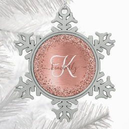 Rose Gold Brushed Metal Glitter Monogram Name Snowflake Pewter Christmas Ornament