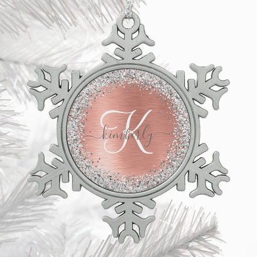 Rose Gold Brushed Metal Glitter Monogram Name Snowflake Pewter Christmas Ornament