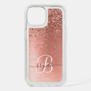 Rose Gold Brushed Metal Glitter Monogram Name iPhone 15 Case