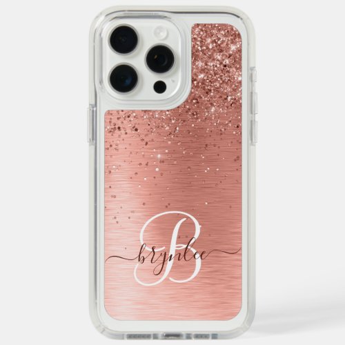 Rose Gold Brushed Metal Glitter Monogram Name iPhone 15 Pro Max Case