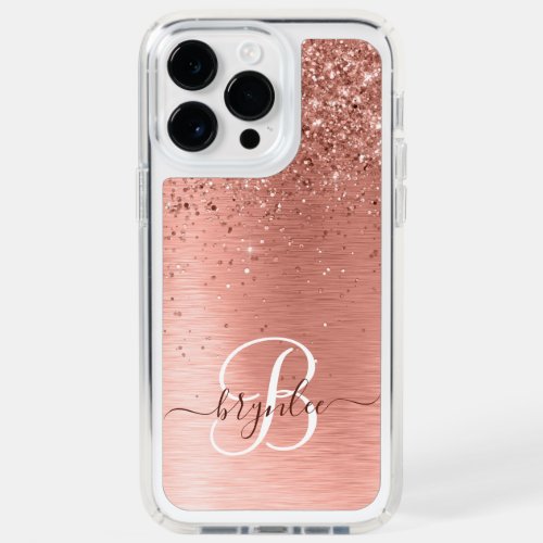 Rose Gold Brushed Metal Glitter Monogram Name Speck iPhone 14 Pro Max Case