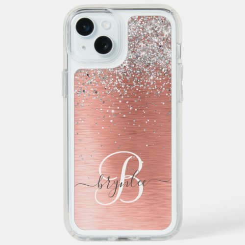 Rose Gold Brushed Metal Glitter Monogram Name iPhone 15 Plus Case