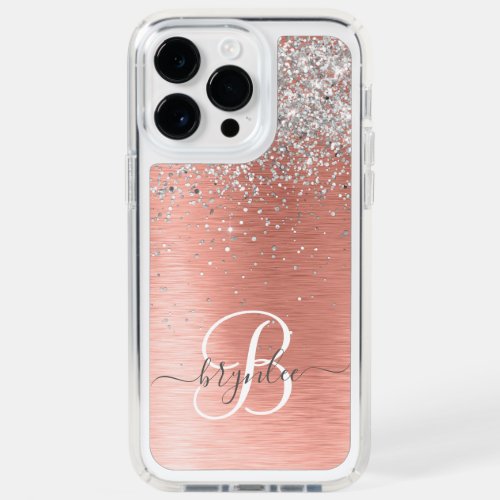 Rose Gold Brushed Metal Glitter Monogram Name Speck iPhone 14 Pro Max Case