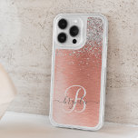 Rose Gold Brushed Metal Glitter Monogram Name iPhone 15 Pro Case<br><div class="desc">Easily personalize this trendy chic design phone case featuring pretty silver sparkling glitter on a rose gold brushed metallic background.</div>