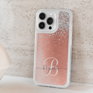 Rose Gold Brushed Metal Glitter Monogram Name iPhone 15 Pro Case