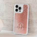 Rose Gold Brushed Metal Glitter Monogram Name iPhone 15 Pro Case<br><div class="desc">Easily personalize this trendy chic phone case design featuring pretty rose gold sparkling glitter on a rose gold brushed metallic background.</div>