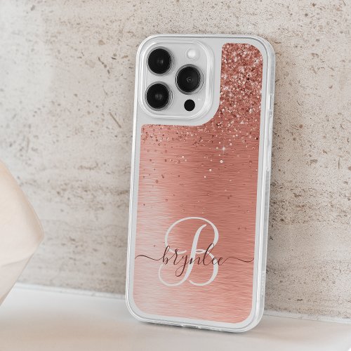 Rose Gold Brushed Metal Glitter Monogram Name iPhone 15 Pro Case