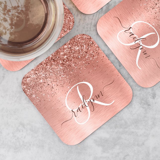 Rose Gold Brushed Metal Glitter Monogram Name Square Paper Coaster (Creator Uploaded)