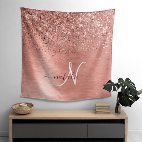 Rose Gold Brushed Metal Glitter Monogram Name Tapestry