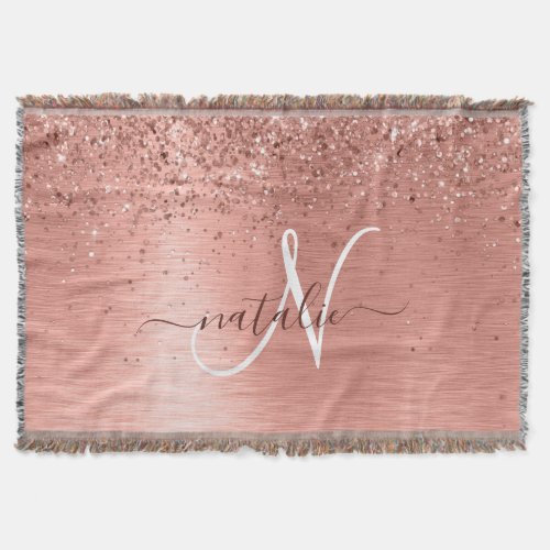 Rose Gold Brushed Metal Glitter Monogram Name Throw Blanket