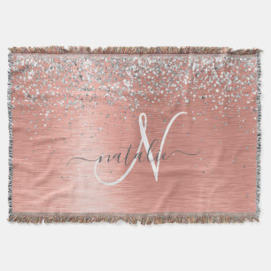 Rose Gold Brushed Metal Glitter Monogram Name Throw Blanket