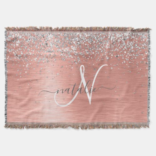 Rose Gold Brushed Metal Glitter Monogram Name Throw Blanket