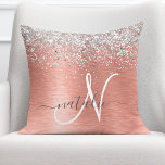 Rose Gold Brushed Metal Glitter Monogram Name Throw Pillow<br><div class="desc">Easily personalize this trendy chic throw pillow design featuring pretty silver sparkling glitter on a rose gold brushed metallic background.</div>