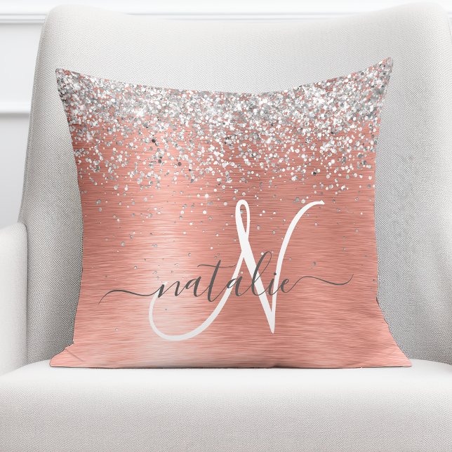 Rose Gold Brushed Metal Glitter Monogram Name Throw Pillow (Creator Uploaded)