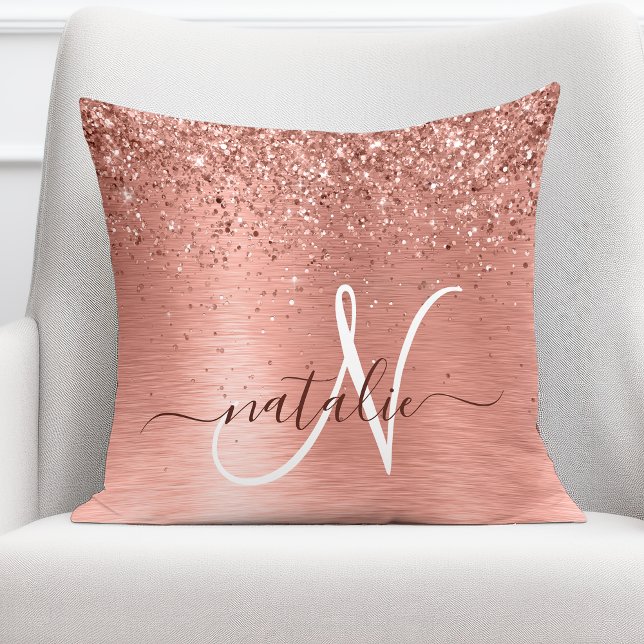 Rose Gold Brushed Metal Glitter Monogram Name Throw Pillow (Creator Uploaded)