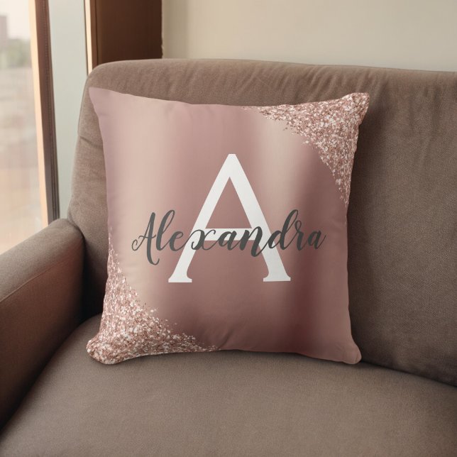 Rose Gold Brushed Metal Glitter Monogram Name Throw Pillow (Creator Uploaded)
