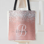 Rose Gold Brushed Metal Glitter Monogram Name Tote Bag<br><div class="desc">Easily personalize this trendy chic tote bag design featuring pretty silver sparkling glitter on a rose gold brushed metallic background.</div>