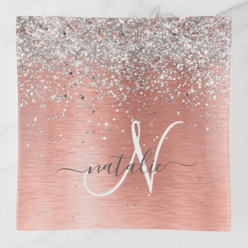 Rose Gold Brushed Metal Glitter Monogram Name  Trinket Tray