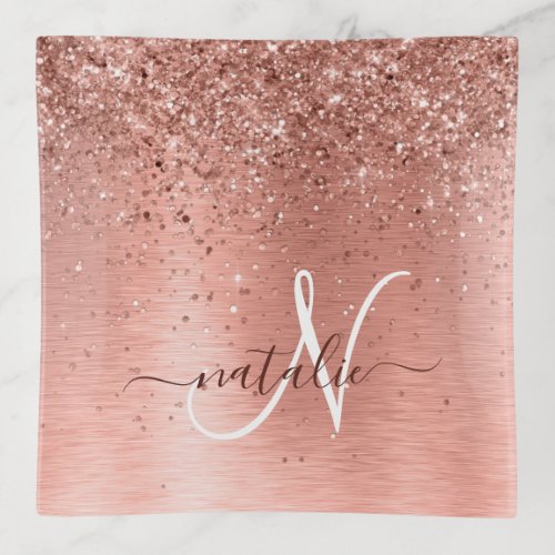 Rose Gold Brushed Metal Glitter Monogram Name Trinket Tray